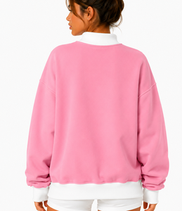 Pink <b>White</b> Mock Neck <b>Sweatshirt</b> with Large <b>White</b> Arched Front Lettering Long Sleeves Contrast Cuff Hem Trim Custom Logo Clothing - Product Image 4