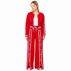Conjunto Deportivo Rojo Personalizado para Mujer, Chaqueta con Cierre y Pantalones Anchos, Ropa Deportiva Casual de Dos Piezas - Product Image 1