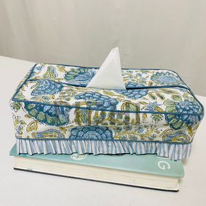 Housse de boîte à mouchoirs rectangulaire en coton bleu et vert à volants, faite à la main par Ridhi, en tissu imprimé au bloc, porte-serviettes, décoration d'intérieur, cadeau pour chambre à coucher - Product Image 2