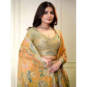 Lehenga Choli en organza imprimé orange charmant pour femmes, vêtements de fête, grande taille - Product Image 4