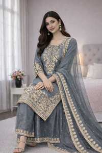 2026 Salwar Kameez pakistanais en Georgette de soie émeraude, richement brodé de Zari argenté, à séchage rapide, prêt-à-porter, robe de cérémonie - Product Image 3