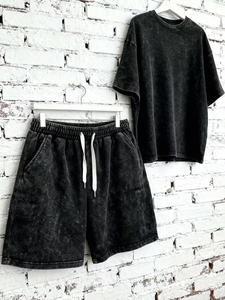 Vintage Washed Short Sleeve Shorts Set Women's Distressed Two-Piece Outfit Regular Fit Summer for Wear Retro 100% Cotton - Product Image 4