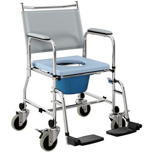 Sedia da doccia con ruote verniciata a polvere per anziani e disabili, capacità 300 libbre, sedile e schienale imbottiti, grigia - Product Image 1