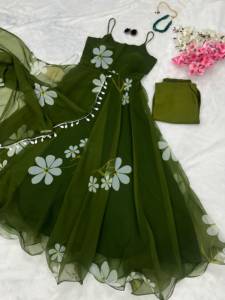 Vestido Anarkali de organza con estampado floral, hermoso y elegante para fiestas, con pantalón y dupatta, completamente cosido y listo para usar. - Product Image 5