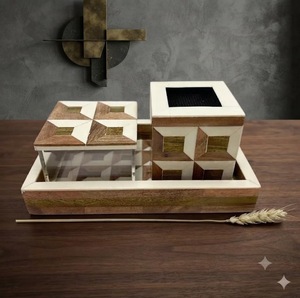 Quemador de Incienso Rectangular de Madera Ecológico Hecho a Mano con Mosaico de Conchas Marinas, Diseño Geométrico, Decoración para el Hogar, Regalo Artesanal Natural - Product Image 1