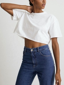 <b>Women's</b> <b>White</b> Cropped T-<b>Shirt</b> <b>Short</b> <b>Sleeve</b> Crew Neck Knitted Loose Fit Solid Minimalist Fleece Quick Dry All Seasons Wear - Product Image 4