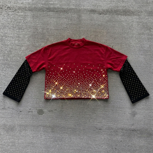 T-shirts d'été personnalisés pour fabricants de vêtements, à col double couche, effet vieilli, délavés à l'acide, avec strass, coupe oversize, courte et carrée - Product Image 4