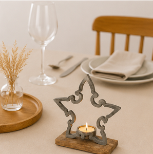 Handcrafted Rustic Metal Star Tealight Candle Holder With Natural Wooden Base Decorative Wrought Iron T-light <b>Stand</b> For Home - Product Image 4