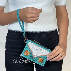 2026 Hot Selling Tooled Genuine Cowhide Fur Leather Women Floral Clutch Zipper Pouch Coin & ATM <b>Credit</b> <b>Card</b> <b>Holder</b> For Shopping - Product Image 1