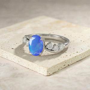 Genuine Blue Opal <b>Ring</b> Oval Opal Engagement <b>Ring</b> 925 Sterling <b>Silver</b> Accent Unique October Birthstone Gift - Product Image 5