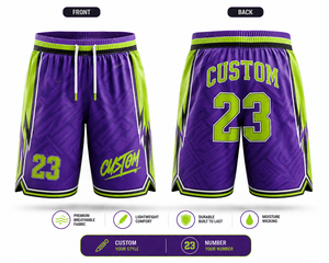 Pantalones Cortos de Baloncesto Personalizados para Hombre, Estampado Geométrico Morado y Verde, Sublimación, Transpirables, Cintura con Cordón, Ropa Deportiva - Product Image 1
