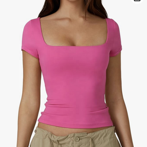 Camisetas flocadas de manga corta con cuello cuadrado para mujer, Camisetas básicas ajustadas para salir - Product Image 1