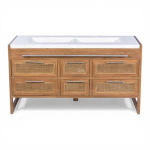 Meuble de salle de bain en teck massif artisanal écologique indonésien avec tiroirs en rotin, plan de travail en pierre artificielle et double vasque - Product Image 3