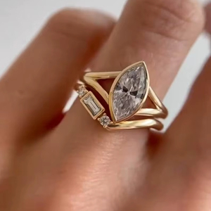 Ensemble de bagues en diamant taille marquise de 1,51 carat, cultivé en laboratoire, empilable et unique, en or massif 9 carats, double alliance unique, cadeau d'anniversaire ou de promesse - Product Image 1