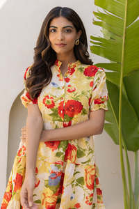 Robe midi à imprimé floral rose, col en V, coupe évasée, manches trois quarts, poches, coton respirant, robe d'été décontractée pour femmes - Product Image 4