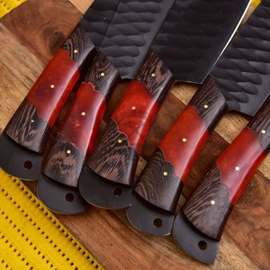 New J2 Stainless Steel <b>Sharp</b> Powder Coated Hammered Blade 5-Piece Ambidextrous Professional Kitchen Chef <b>Knives</b> <b>Set</b> W/Resin Wood - Product Image 3