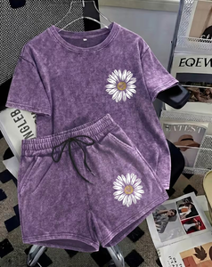 Women Terry Cotton Sweatpants Purple Solid Color Casual Loose Fit Full Length With Pocket And Drawstring Waistband - Product Image 1
