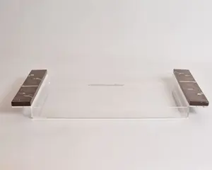 Plateau de service rectangulaire artisanal rustique en bois/acrylique de style arabe pour le thé, le café, les aliments et les fêtes - Product Image 2