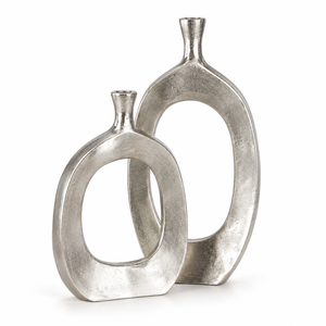 Luxury Modern Oval Cutout Silver Metal Decorative Vase Set Contemporary Flower Vase Home Office Accent Decor Collection - Product Image 1