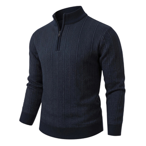 <b>Mens</b> Navy Blue Textured Half Zip Winter Business Knitted Sweater Long Sleeve Ribbed Collar <b>Pullover</b> Casual Wear - Product Image 3