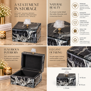 Black Marble Glass Jewelry Storage Box with Crystal Stone Knob Glossy Finish Soft Lining Decorative Keepsake Organizer - Product Image 6