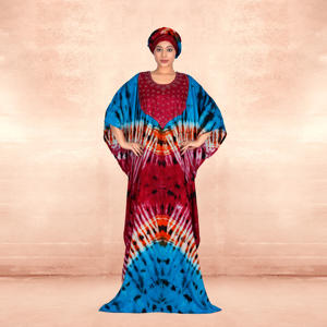 Caftán Farasha de Rayón, Estilo Modesto para Eid, con Vibrante Estampado Tie-Dye, Cuello Adornado, Silueta Amplia y Fluida, Elegante, Largo hasta el Suelo - Product Image 1