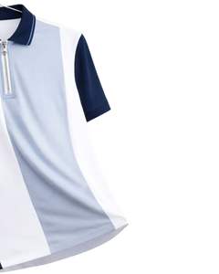 Polo de manga corta para hombre, azul marino, blanco y gris claro, con cremallera de un cuarto, estilo casual, de punto, con bloques de color, fabricado a medida. - Product Image 3