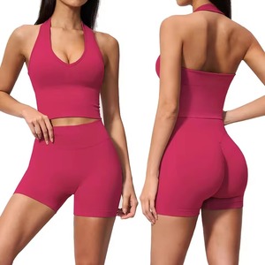 Seamless <b>Halter</b> <b>Neck</b> Yoga Set Women 2 Piece Sports <b>Bra</b> and Shorts V <b>Neck</b> Knitted Fitness Outfit Running Wear - Product Image 1