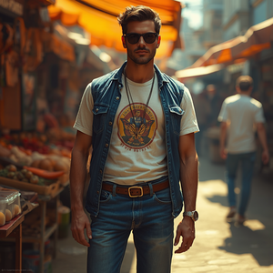 ชุดเสื้อยืดและกางเกงยีนส์สไตล์วินเทจสำหรับผู้ชาย ผ้าฝ้ายซักแล้ว ชุดลำลองสองชิ้น พร้อมบริการปรับแต่งแบบ OEM ODM - Product Image 4