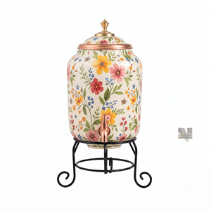Handmade Copper Water <b>Dispenser</b> With Floral Enamel Design Lid Beverage <b>Drink</b> Server Metal Stand For Home Kitchen Hotel Wholesale - Product Image 1