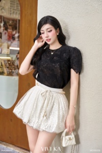 <b>Women's</b> Black Floral Lace Short Sleeve Blouse with <b>Mesh</b> Lining Scalloped Hem Elegant Lace <b>Top</b> Casual Style ASTORIE - Product Image 5