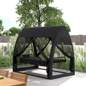 Dondolo da Esterno a 3 Posti Convertibile in Letto con Struttura in Acciaio, Tettuccio Grigio e Rete per Giardino e Patio - Product Image 2