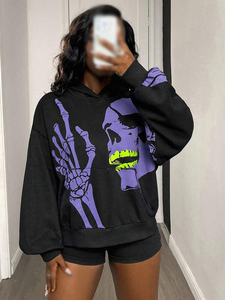 Sudadera con capucha extragrande negra para mujer con estampado de calavera y mano de esqueleto morados, forro polar, manga regular, venta directa de fábrica OEM - Product Image 6