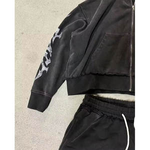 Ensemble de survêtements tendance pour hommes avec fermeture éclair, style streetwear, 100 % coton, effet délavé au soleil et délavé à l'acide, comprenant un sweat à capuche zippé et un pantalon de survêtement - Product Image 5