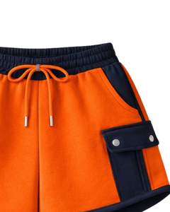 Ensemble décontracté deux pièces pour femme, comprenant un sweat à capuche court zippé et un short cargo, bicolore orange et bleu marine, en polyester et coton, vente en gros - Product Image 6