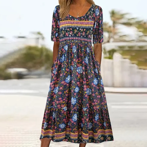 Vestido largo de verano 2026 para mujer, estilo bohemio con estampado, cuello redondo y manga corta, para Europa y Estados Unidos - Product Image 6