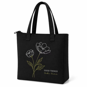 AMANI 300gsm Black Floral <b>Canvas</b> <b>Tote</b> Bag 13x11x5 Cotton Zipper Reusable Eco-Friendly Shopping Bag Long Handle Custom Print West - Product Image 1
