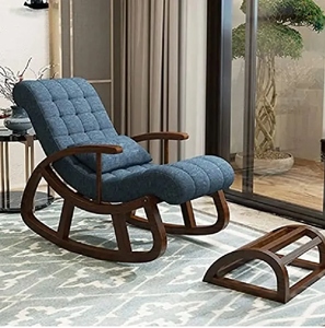Ensemble de chaise à bascule en bois luxueuse avec coussin en cuir bordeaux capitonné et ottoman, disponible à prix de gros. - Product Image 2