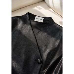 Traje de Oficina Elegante para Mujer, Negro, de Tafetán, Corto, con Botones, Cuello en V Asimétrico, Diseño a Medida, ODM OEM - Product Image 6
