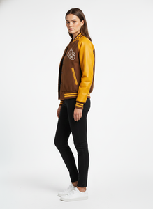 Chaqueta Varsity Premium para Mujer de Lana y Cuero - Marrón, Amarillo y Naranja con Logotipo SQS - Product Image 5