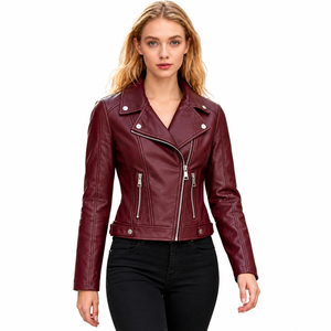 Women's <b>Burgundy</b> Outerwear Faux <b>Leather</b> Moto <b>Jacket</b> Full Sleeve Zipper Closure Biker Cropped Coats - Product Image 1