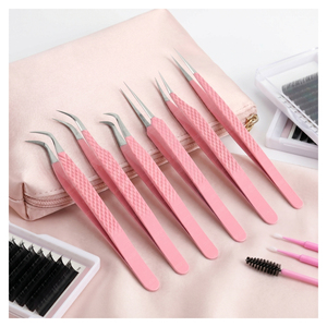 Kit Profesional de Pinzas para Pestañas con Punta de Fibra Rosa, Pinzas de Acero Inoxidable para Extensión de Pestañas, Pinzas Curvas, Rectas y en Forma de Bota - Product Image 6