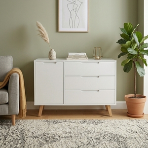 Modern White Scandinavian Sideboard Credenza 1 Door 3 Drawer Cabinet Natural Wooden Legs <b>TV</b> Media <b>Stand</b> Living Room Furniture - Product Image 3