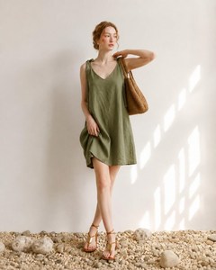 <b>Boho</b> Linen Mini <b>Dress</b> Women Sleeveless V-Neck Backless Loose Fit Solid Color <b>Summer</b> Casual Breathable Woven <b>Dress</b> - Product Image 2