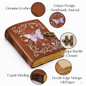 สมุดบันทึกหนังลายผีเสื้อจันทราพิมพ์ลายทำมือ สีน้ำตาลวินเทจ ลายดอกไม้ พร้อมตัวล็อคทองเหลือง ปกแข็ง คลาสสิก ขนาด 7x5 นิ้ว - Product Image 2