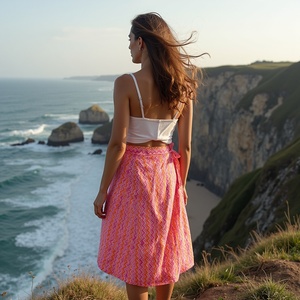 กระโปรงผ้าคอตตอนสีพีชสีชมพูสำหรับผู้หญิงผ้าคอตตอนซิกแซกพิมพ์ลายเรขาคณิตยาวถึงเข่าดีไซน์สวยงาม - Product Image 6