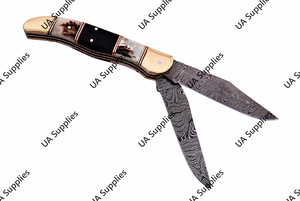 Couteau de poche pliant à double lame en acier Damas de haute qualité, manche en corne de taureau et de cerf, avec étui en cuir – Un incontournable pour votre sac à main - Product Image 2