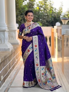 <b>Purple</b> Silk <b>Saree</b> With Floral And Peacock Embroidery Women Traditional Wedding Wear Indian Pakistani Style - Product Image 5