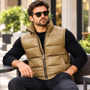 Men's Casual Leather Puffer <b>Vest</b> with Front Zipper | Chaleco Acolchado Casual de Cuero para Hombre con Cremallera Delantera - Product Image 2