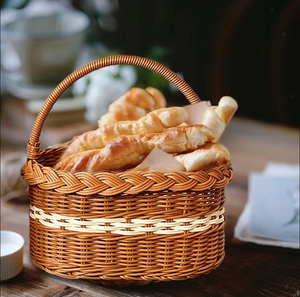 Cesta de picnic de ratán con borde trenzado, color blanco crema, ovalada curva, de tapa abierta, mimbre tejido a mano, cesta de almacenamiento individual fija - Product Image 2